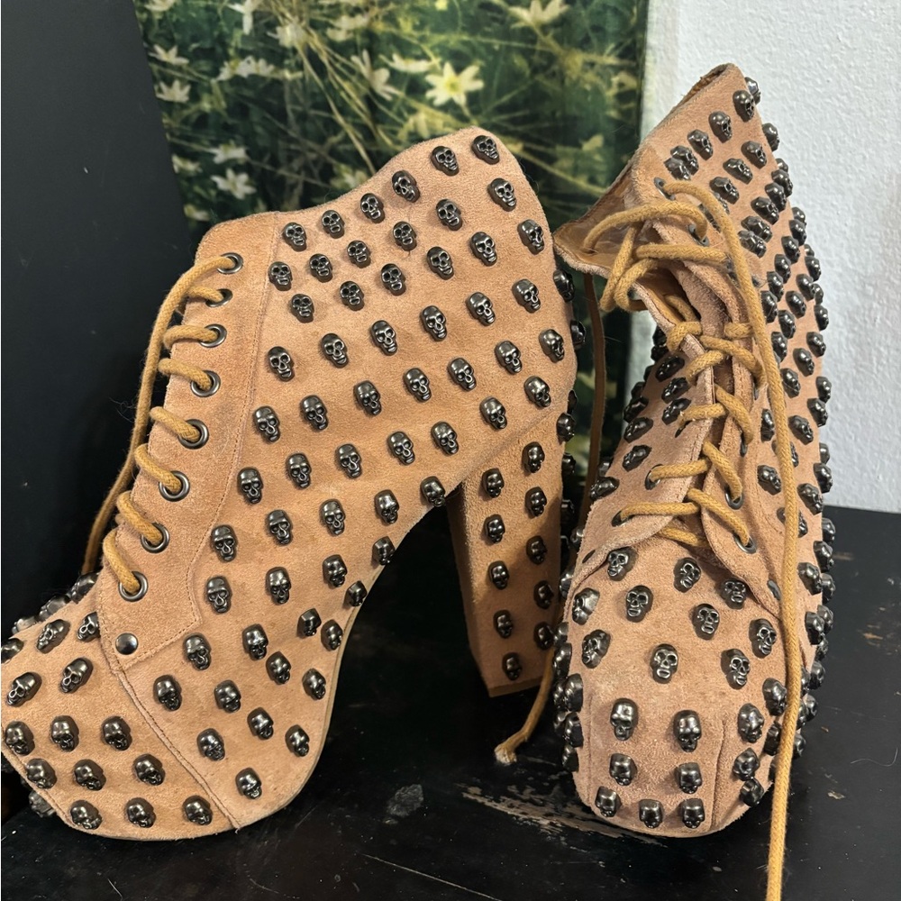 Jeffrey Campbell Tan Platform Booties with Perforated Design